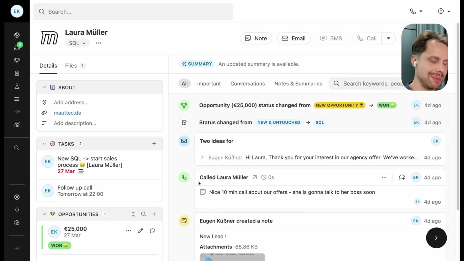 Close CRM Kontaktansicht mit Aufgaben, Opportunities und Aktivitäten-Timeline