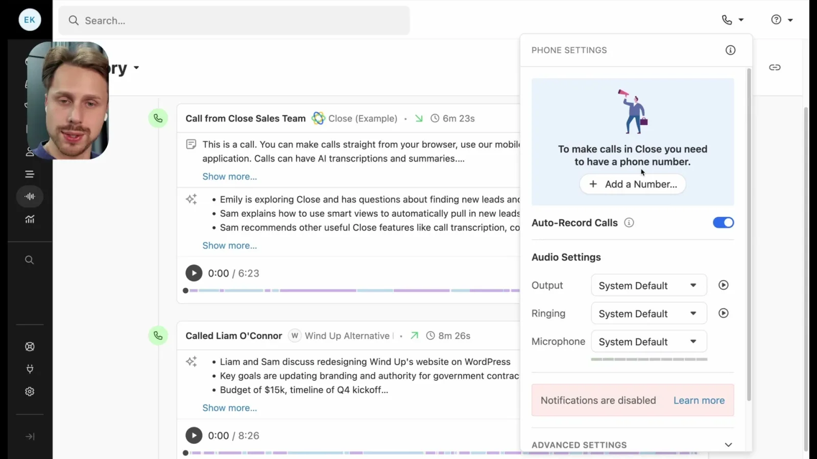 Close CRM Telefonie mit KI-Transkription von Sales-Calls