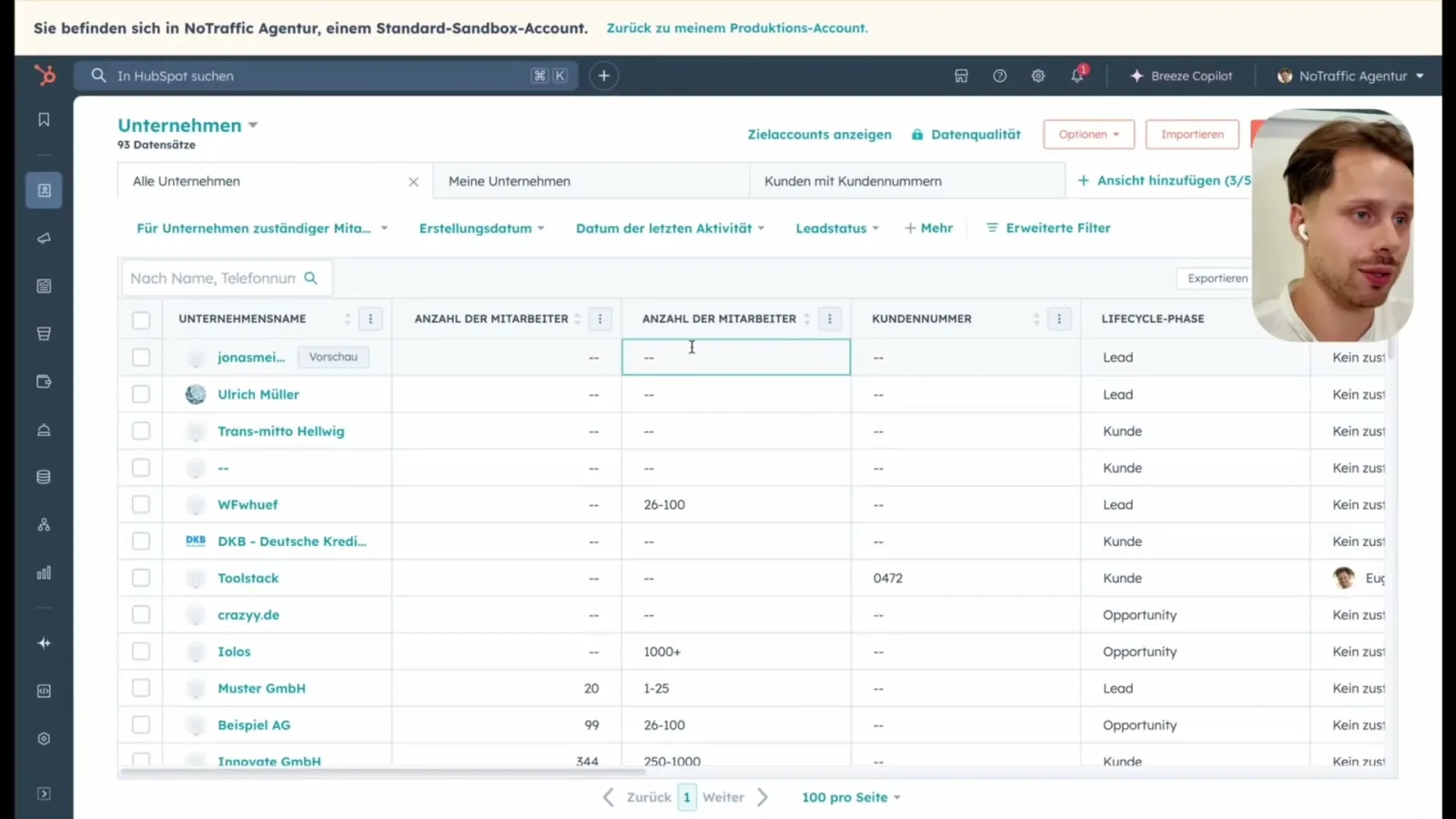 HubSpot CRM Unternehmensübersicht mit Lifecycle-Phasen