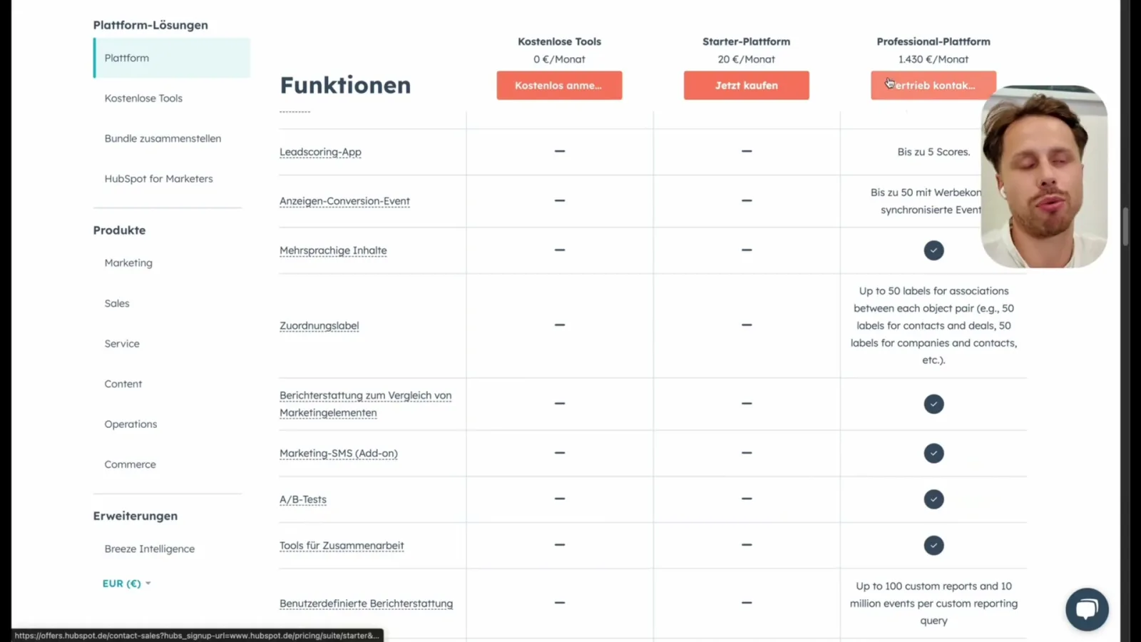 HubSpot Funktionsvergleich zwischen kostenlosen Tools, Starter und Professional