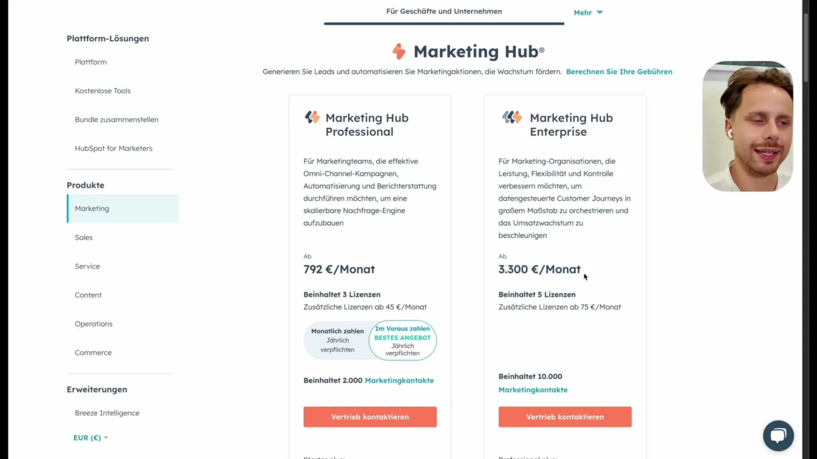 HubSpot Marketing Hub Professional und Enterprise Preise