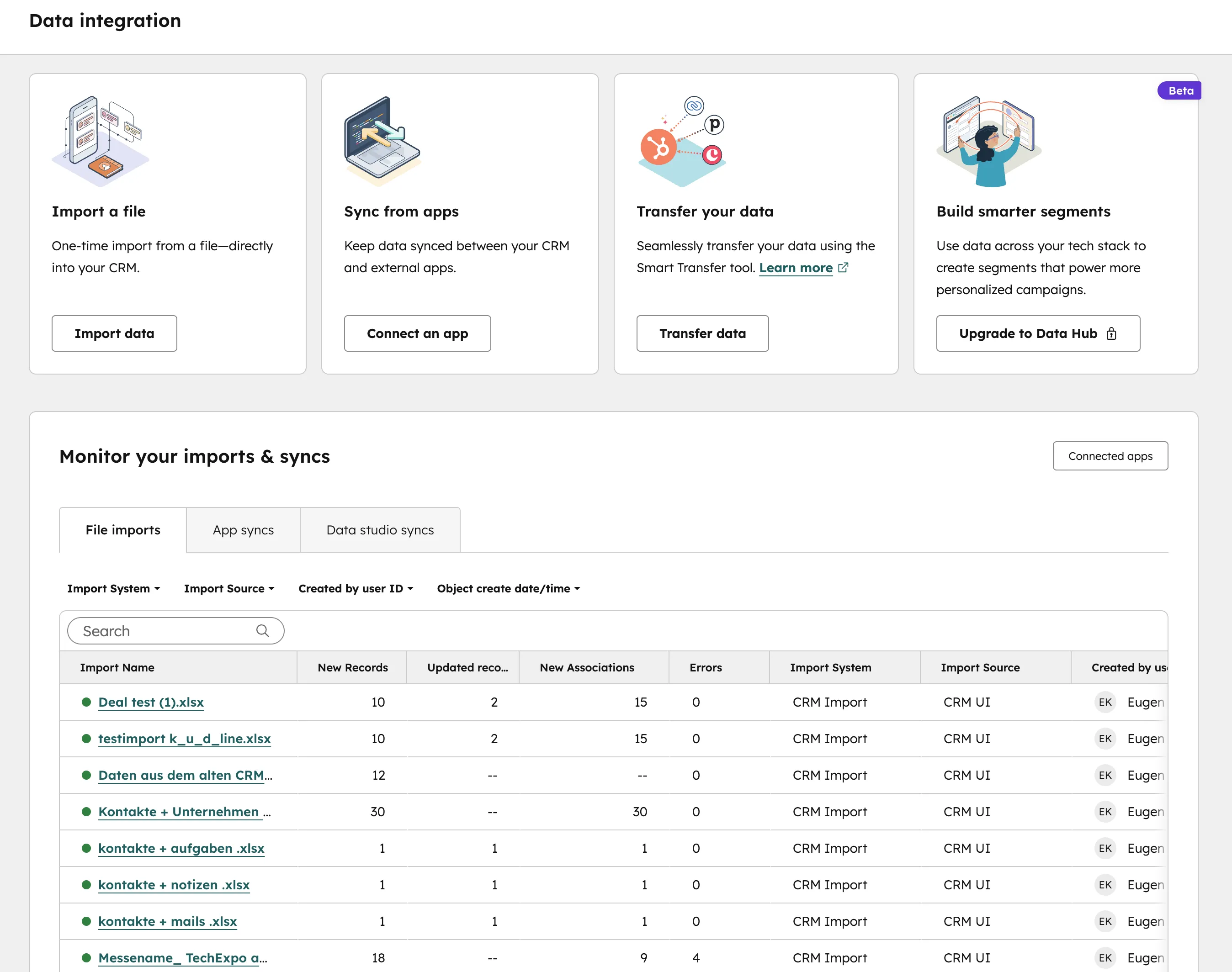 HubSpot Data Integration Hub mit Import-Funktion für Excel-Daten