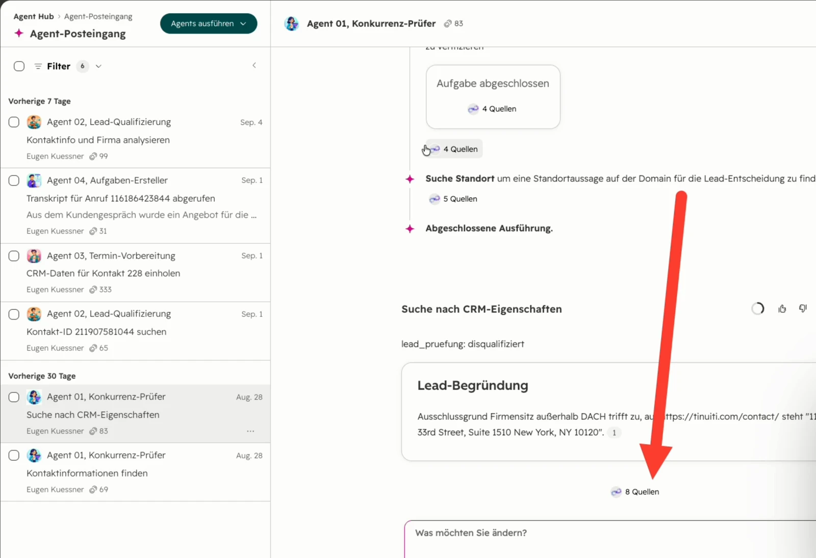 HubSpot Agent Posteingang mit 83 Credits für die Konkurrenzprüfung und weiteren Läufen mit 31 bis 333 Credits