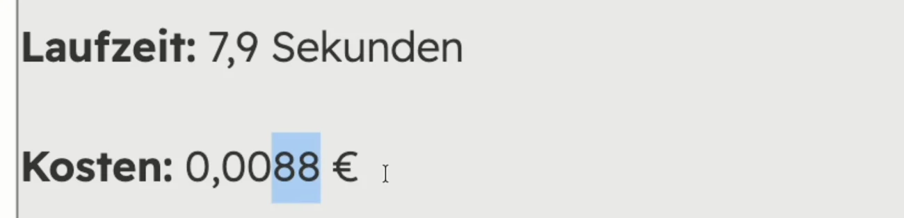 Liveergebnis der externen Konkurrenzprüfung mit Kosten 0,0088 Euro und Laufzeit 7,9 Sekunden