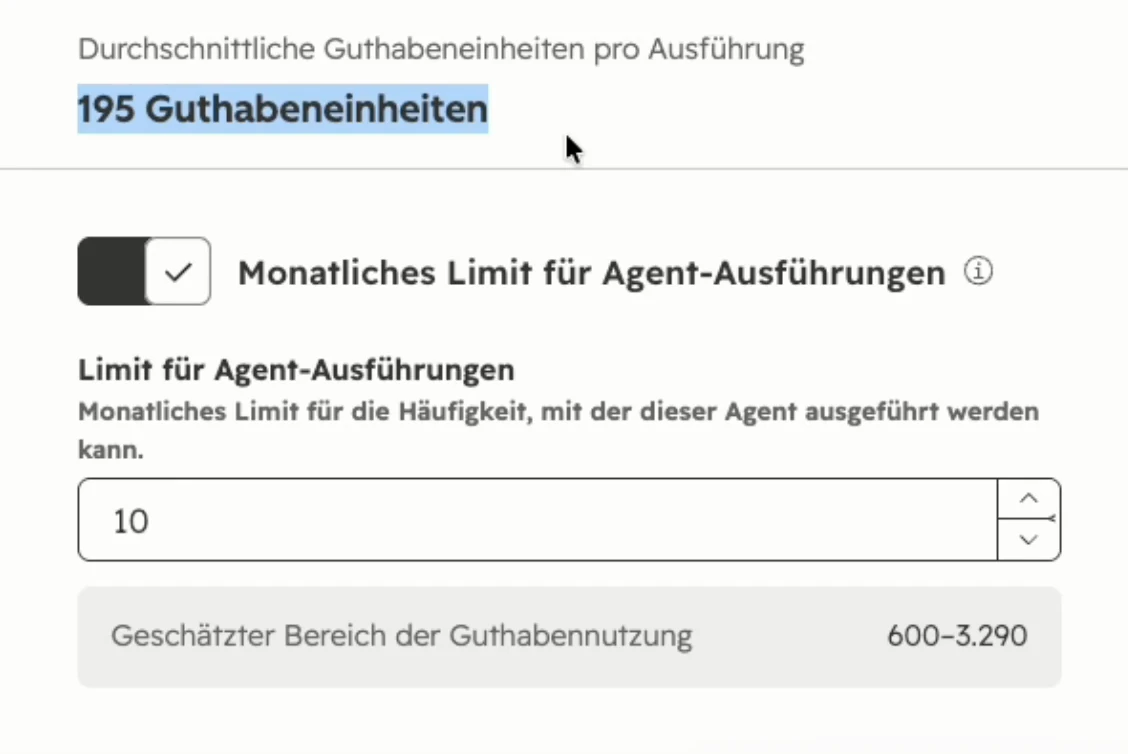 HubSpot Terminvorbereitung mit geschätzten 195 Credits, Limit von 10 Läufen und Verbrauchsspanne 600 bis 3.290 Credits