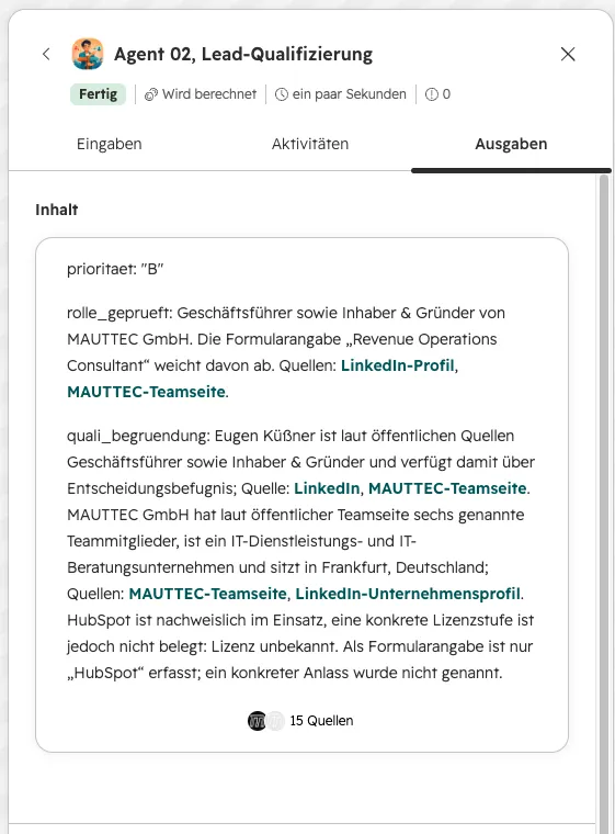 HubSpot Agent Ausgabe: Lead-Qualifizierung mit Priorität B, geprüfter Rolle und Begründung mit Quellen