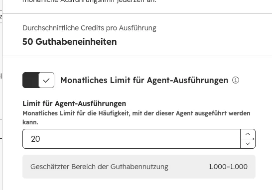 HubSpot Agent Kosteneinstellungen: durchschnittliche Credits pro Ausführung und monatliches Limit für Agent-Ausführungen