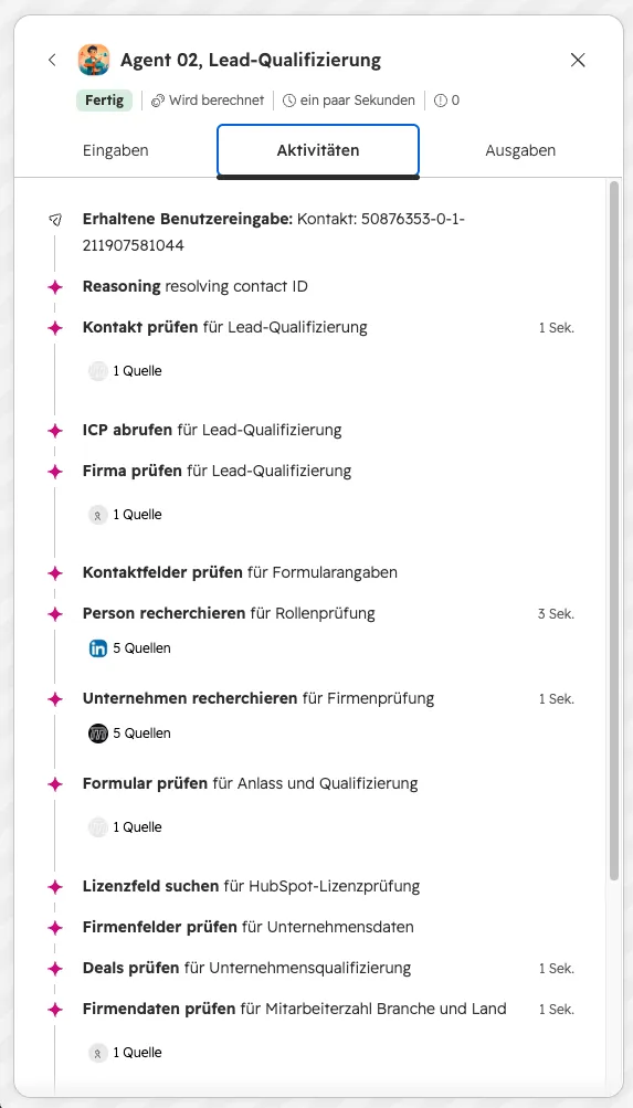 HubSpot Agent Denkschritte: Kontakt prüfen, ICP abrufen, Person und Unternehmen recherchieren mit Quellen