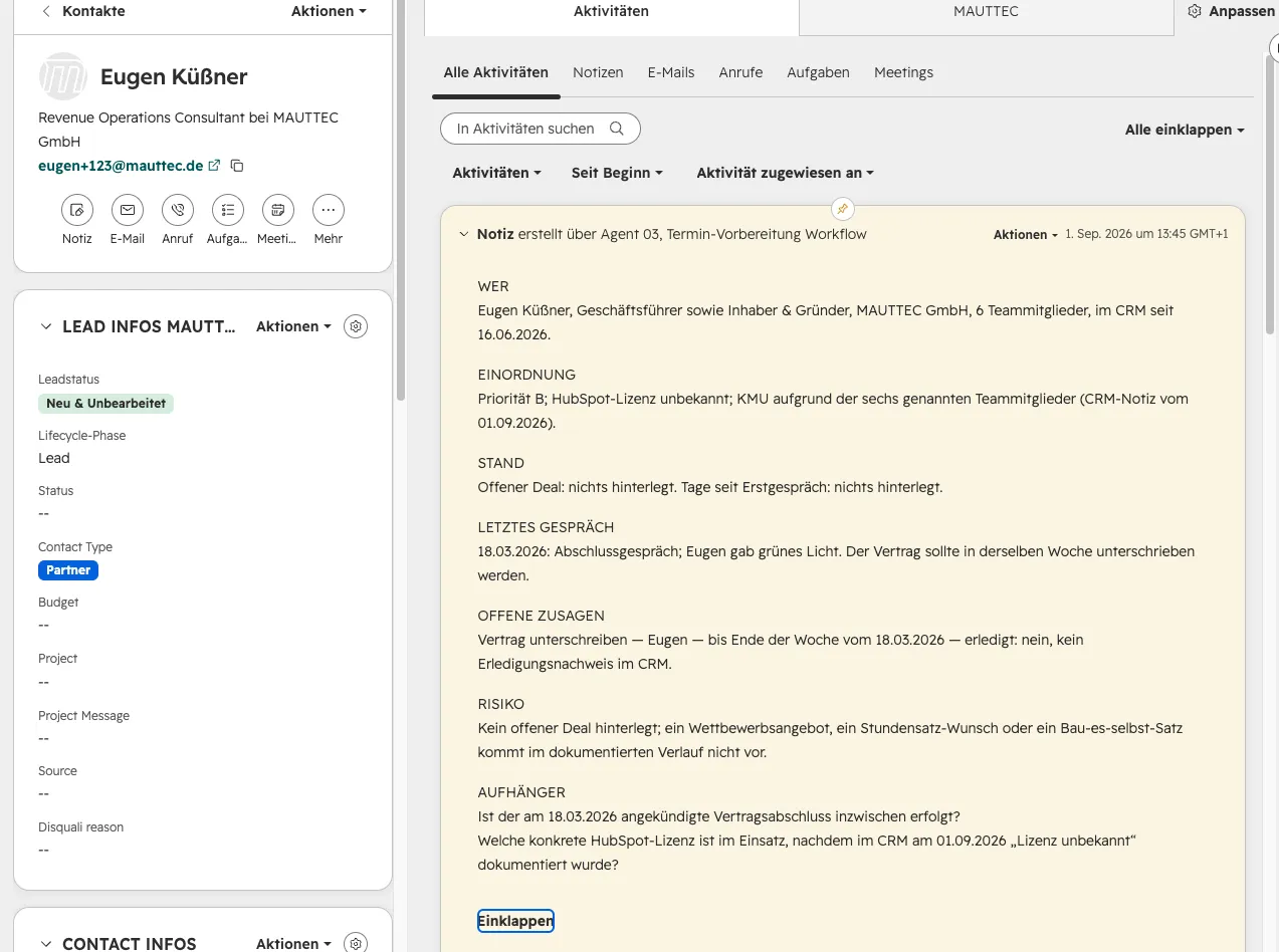 HubSpot Kontaktdatensatz mit Briefing-Notiz vom Termin-Vorbereitungs-Agent: Stand, offene Zusagen, Risiko, Aufhänger
