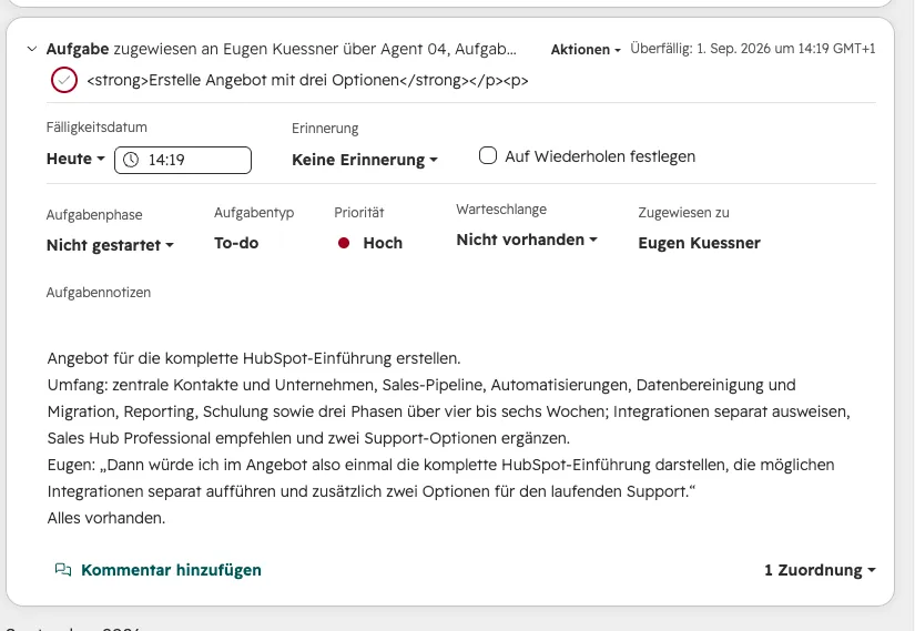 Vom HubSpot Agent erstellte Aufgabe: Angebot mit drei Optionen, Priorität hoch, zugewiesen mit Aufgabennotizen aus dem Anruftranskript
