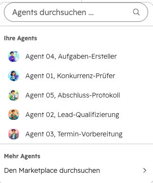 HubSpot Agent Hub: Liste mit 5 selbst erstellten KI Agenten im MAUTTEC-Portal