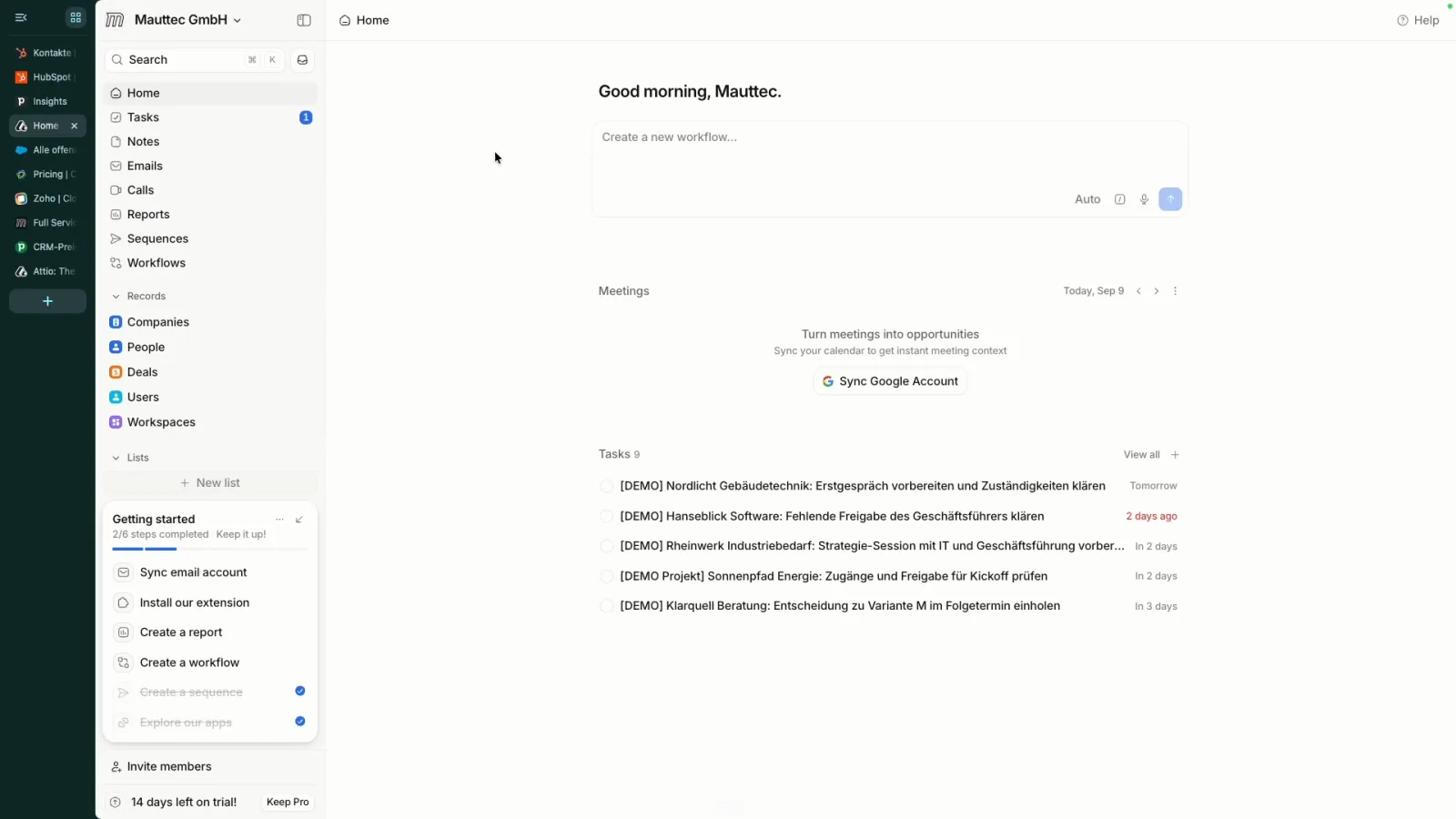 Attio Home mit KI Eingabefeld, Meetings des Tages und einer Liste offener Aufgaben aus Demo Deals