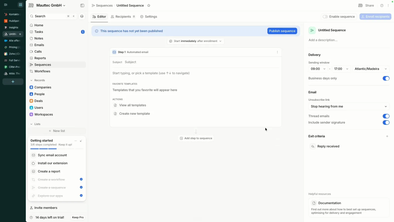 Attio Sequenz Editor mit E-Mail Schritt, Versandzeiten und Einstellungen für Antworten