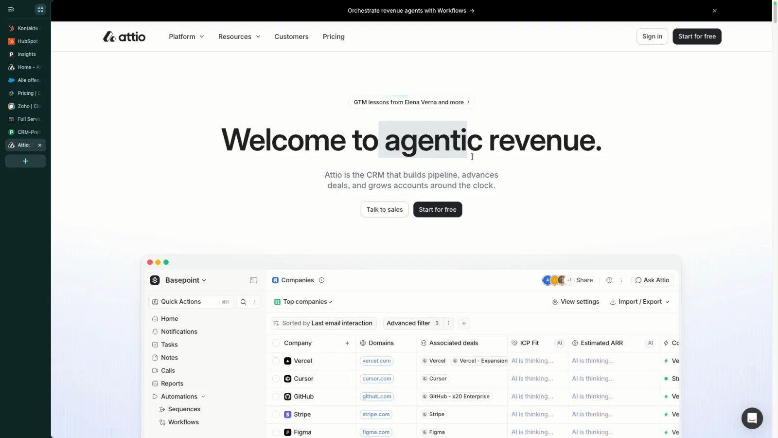 Attio Startseite mit dem Claim Welcome to agentic revenue und einer Vorschau auf die Unternehmensliste