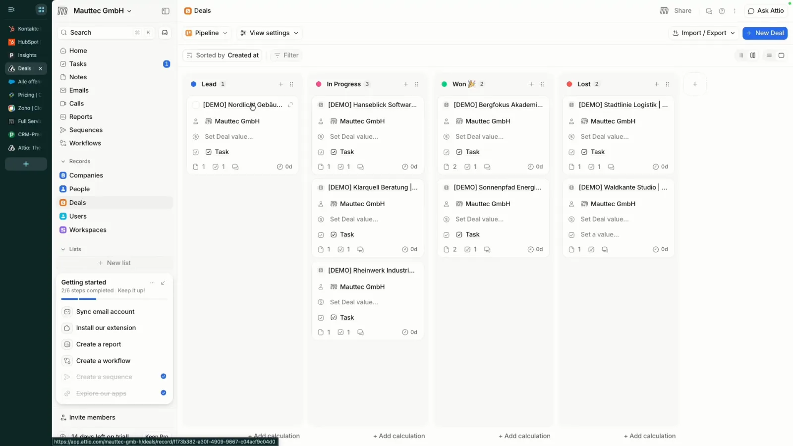 Attio Deals Board mit den Spalten Lead, In Progress, Won und Lost und Demo Deals