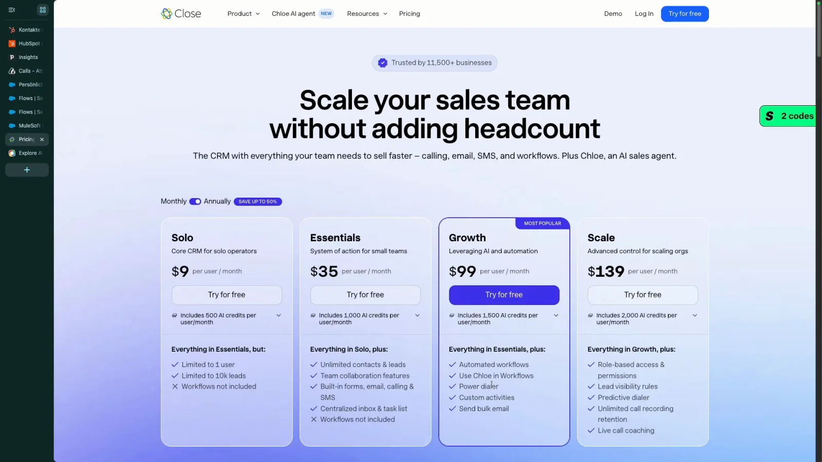Close CRM Preise: Solo 9 USD, Essentials 35 USD, Growth 99 USD, Scale 139 USD pro Nutzer und Monat