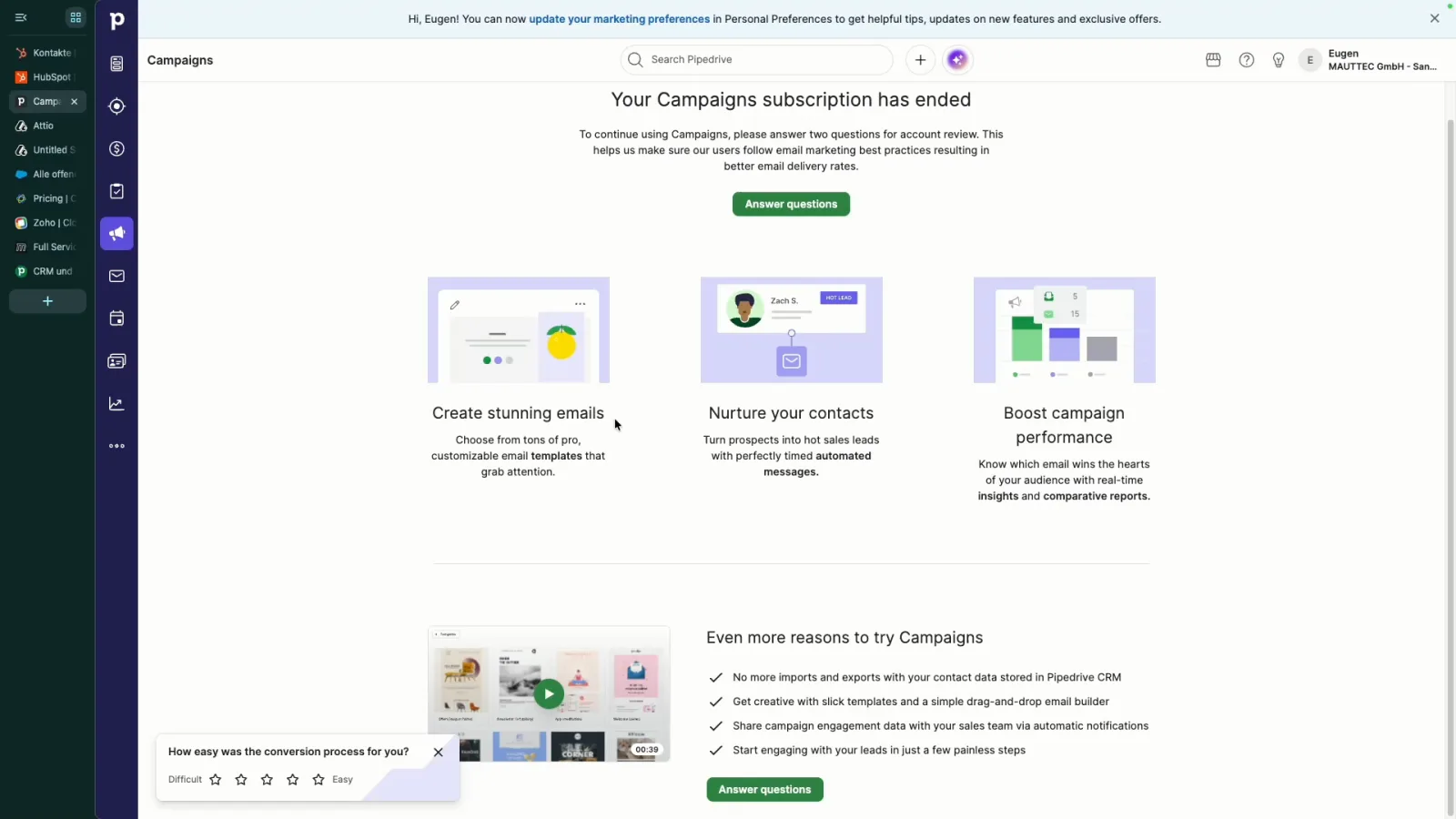 Pipedrive Campaigns Add-on Startseite mit E-Mail Erstellung, Kontaktpflege und Kampagnen Auswertung