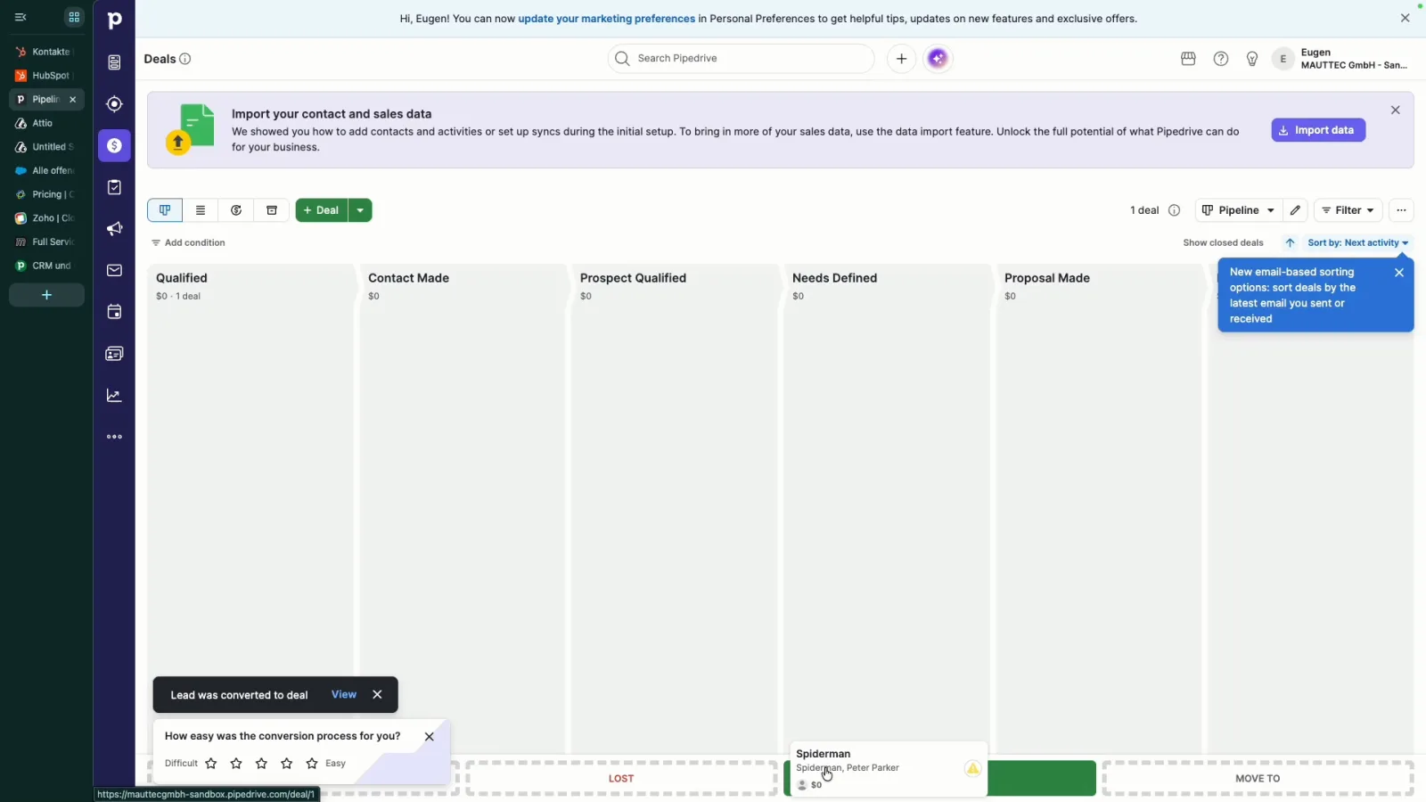 Pipedrive Pipeline Ansicht mit den Phasen Qualified, Contact Made, Prospect Qualified, Needs Defined und Proposal Made