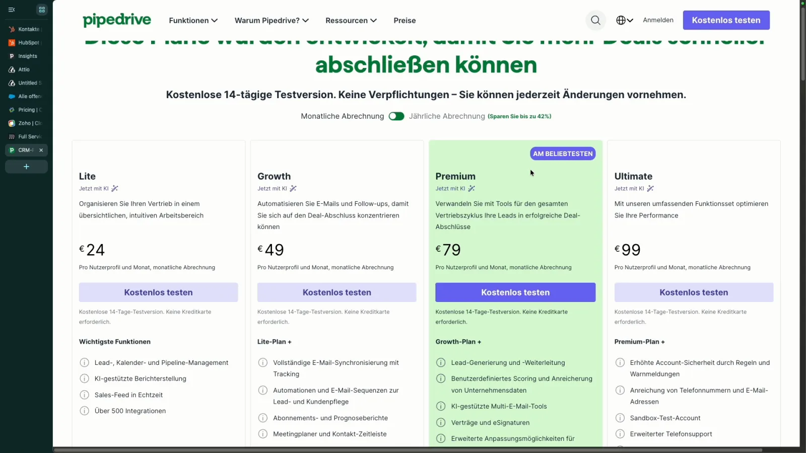 Pipedrive Preise bei monatlicher Abrechnung: Lite 24 €, Growth 49 €, Premium 79 €, Ultimate 99 € pro Nutzer und Monat