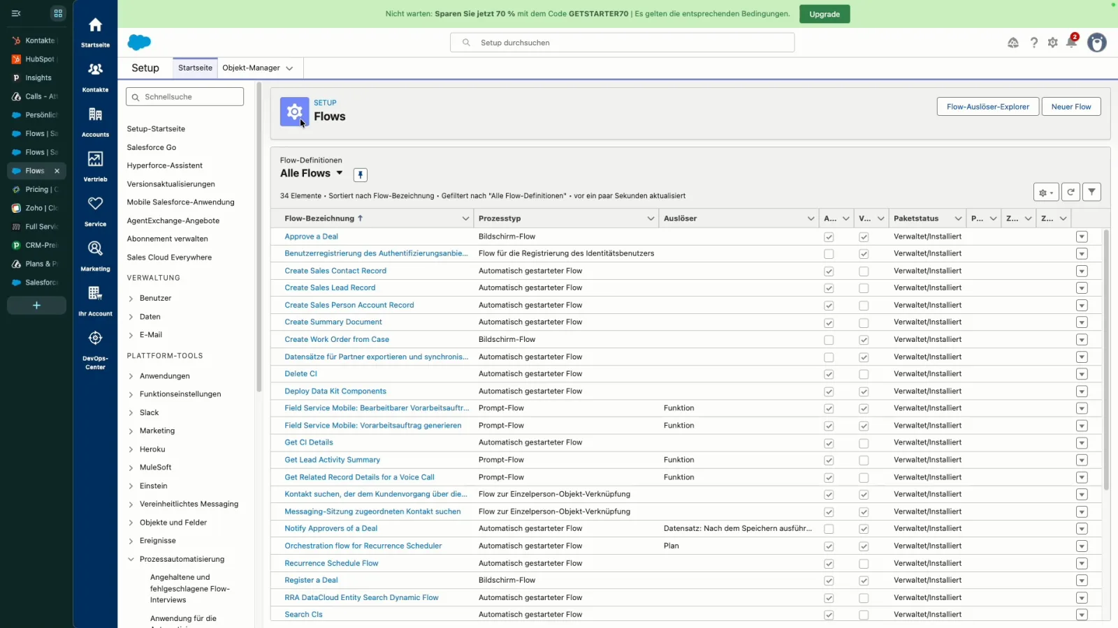 Salesforce Flows Übersicht mit einer langen Liste automatisch erstellter Flows