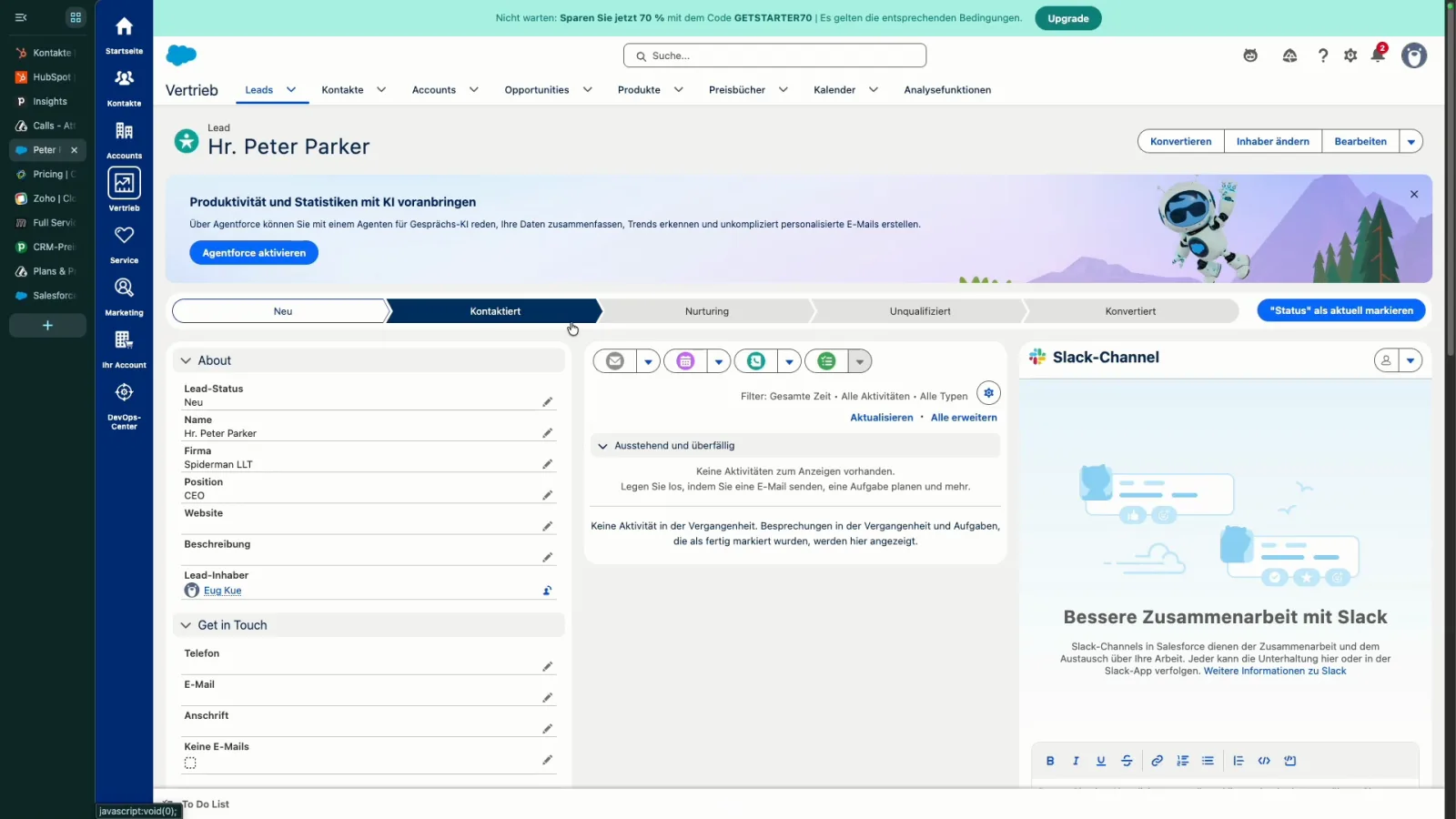 Salesforce Lead Datensatz Peter Parker mit Status Leiste, Feldern, Aktivitäten und Slack Kanal