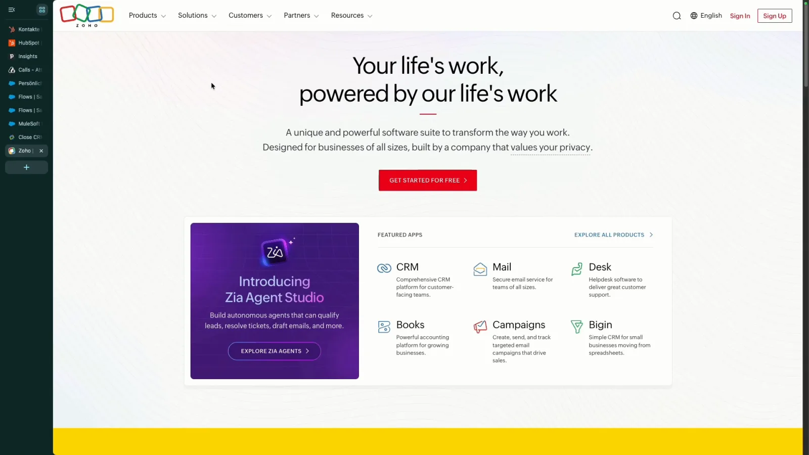 Zoho Produktübersicht mit CRM, Mail, Desk, Books, Campaigns, Bigin und dem Zia Agent Studio