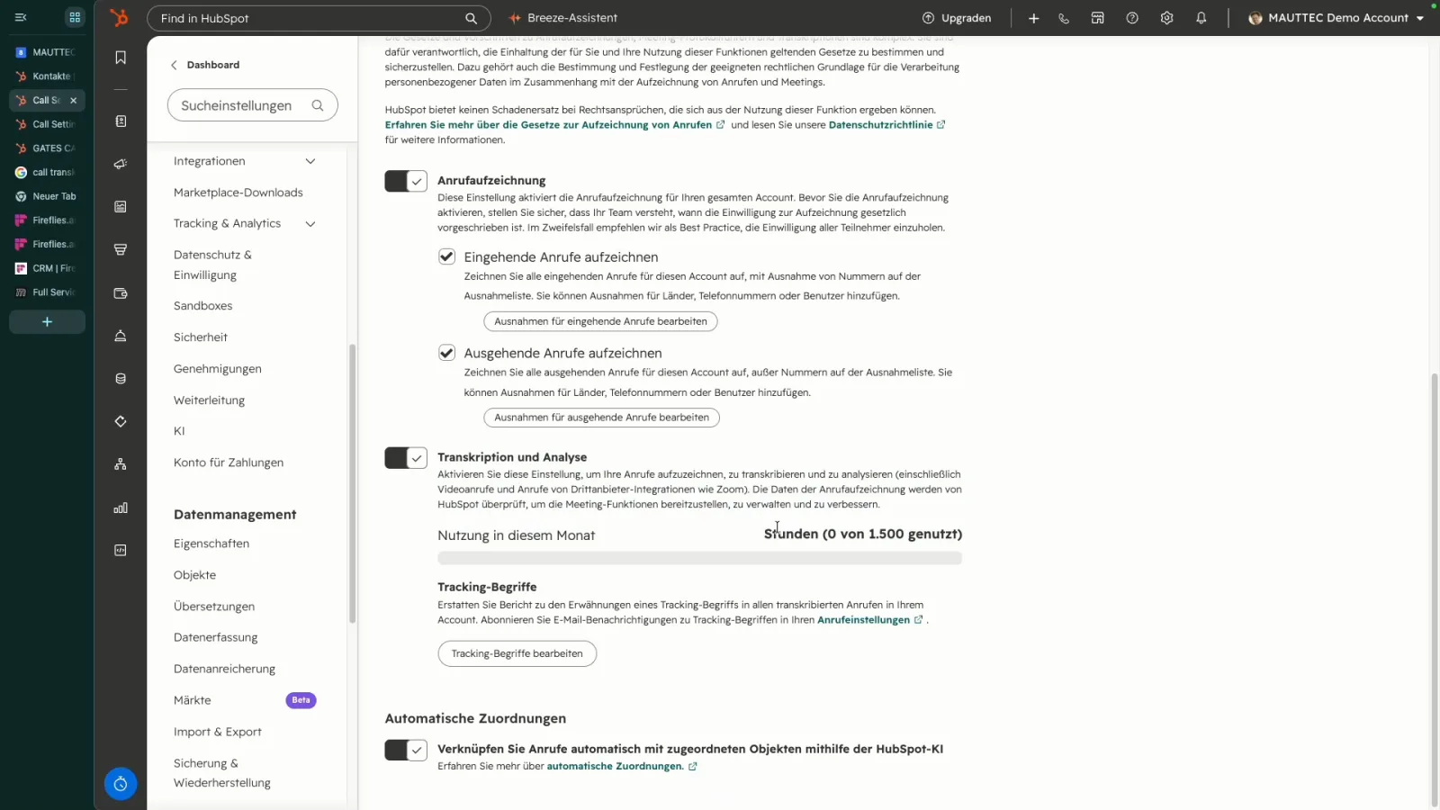 HubSpot Anruf Setup mit aktivierter Anrufaufzeichnung, Transkription und Analyse und dem Hinweis 0 von 1.500 Stunden im Monat genutzt