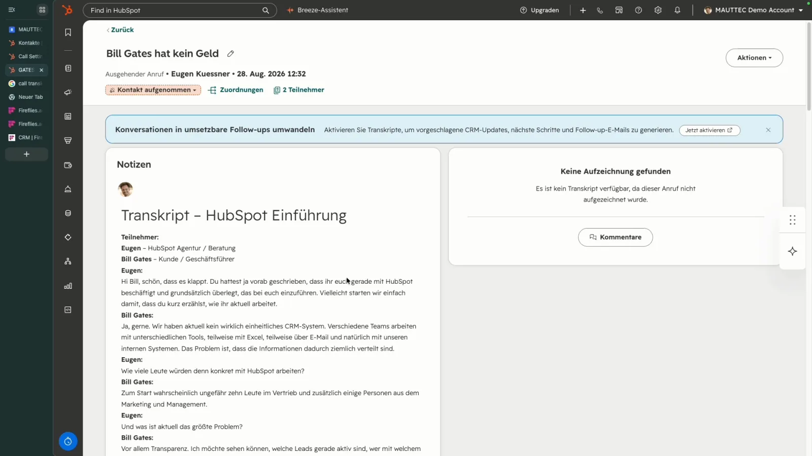 HubSpot Anrufaktivität mit Transkript als Notiz: Teilnehmer, Rollen und die einzelnen Redebeiträge zum Thema HubSpot Einführung