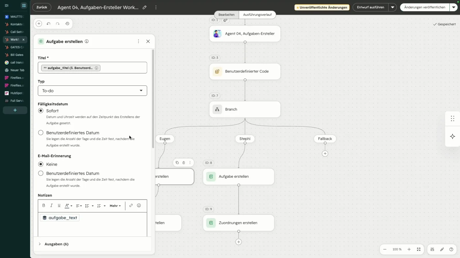 HubSpot Workflow Aktion Aufgabe erstellen mit Titel aus dem Agent Ergebnis, Typ To-do, Fälligkeit sofort und Notizen aus dem Transkript
