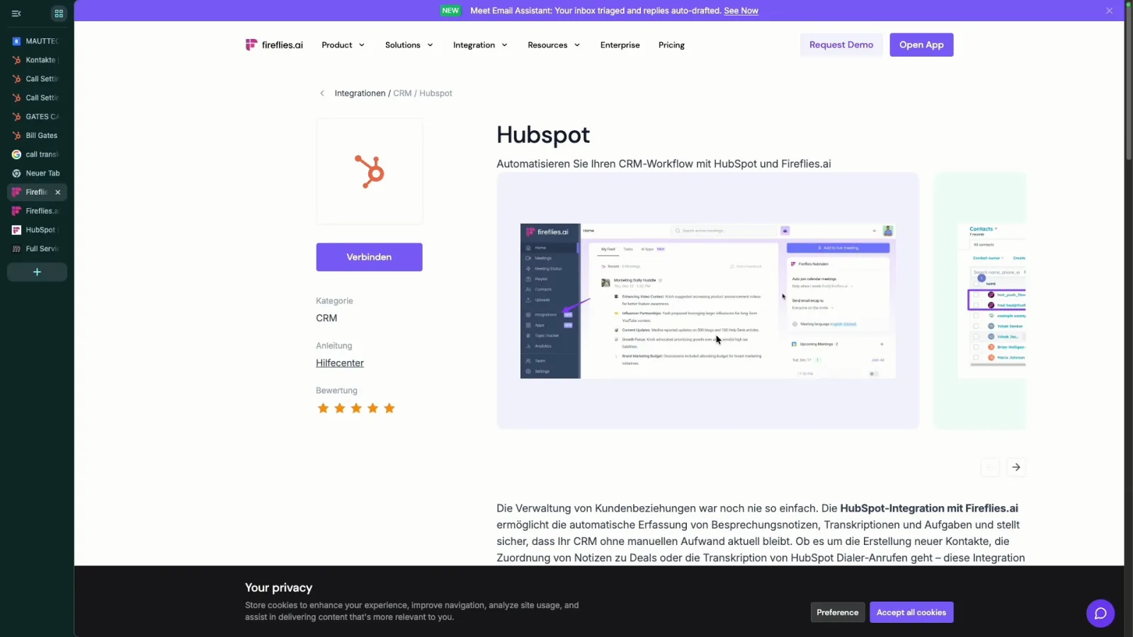 Fireflies Integrationsseite für HubSpot mit Verbinden Button und Beschreibung der automatischen Übertragung von Notizen