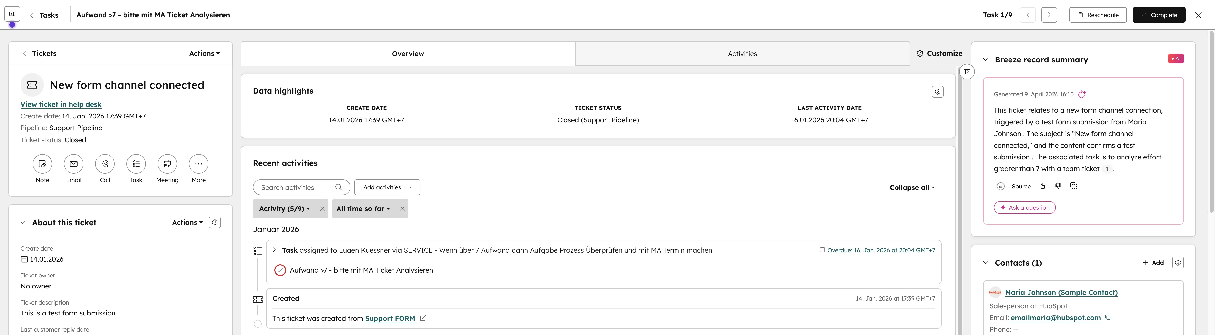 HubSpot Service Hub Ticket mit New form channel connected