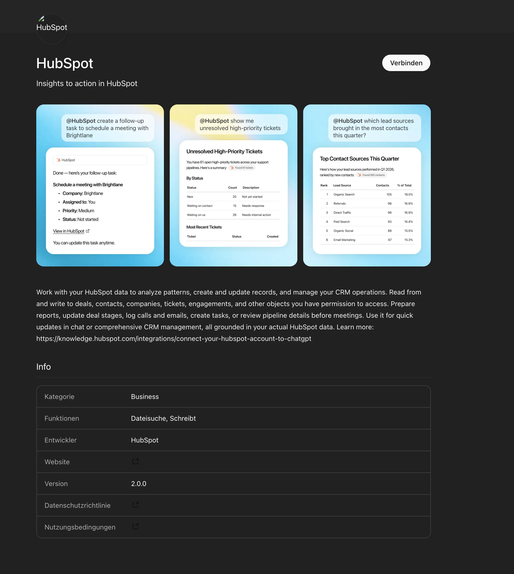 HubSpot GPT Store App mit verschiedenen Anwendungsfaellen