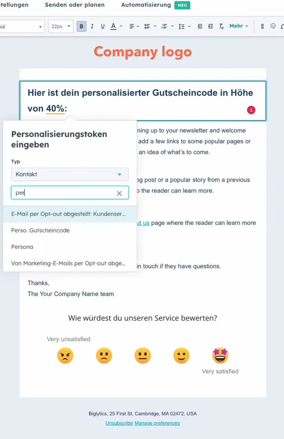 HubSpot E-Mail Editor mit geöffnetem Dialog Personalisierungstoken eingeben, Typ Kontakt, Suchergebnis Perso. Gutscheincode