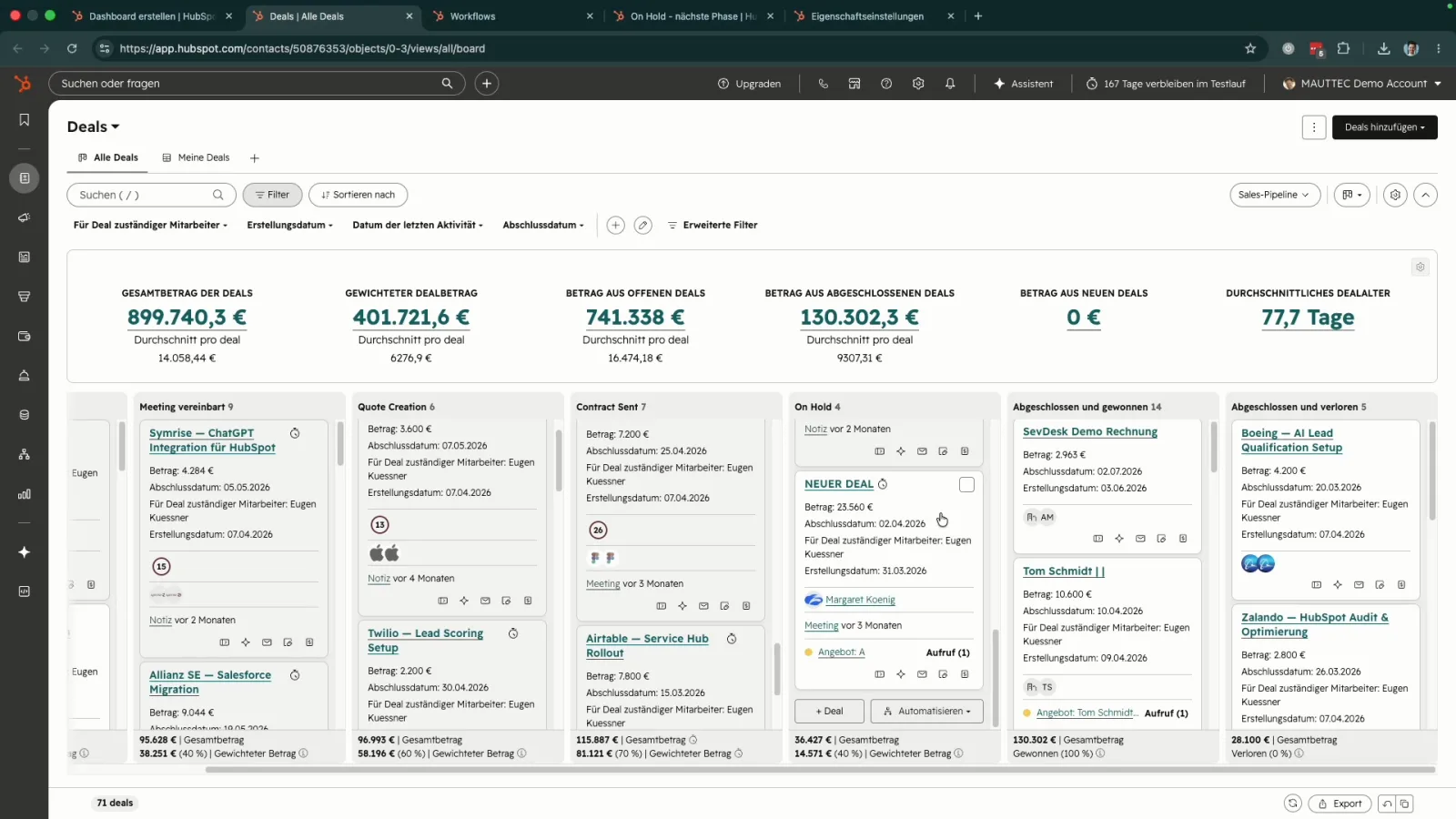 HubSpot Deal Board mit den Phasen Meeting vereinbart, Quote Creation, Contract Sent, On Hold, Abgeschlossen und gewonnen, Abgeschlossen und verloren