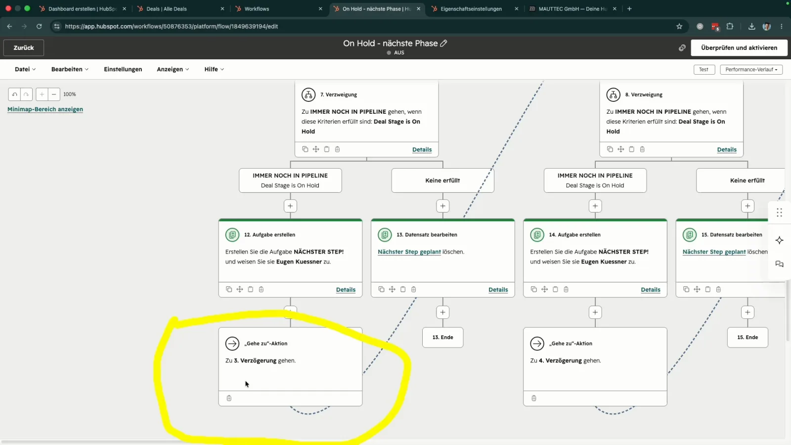HubSpot Workflow mit markierter Gehe zu Aktion, die nach der Aufgabe zur nächsten Verzögerung springt