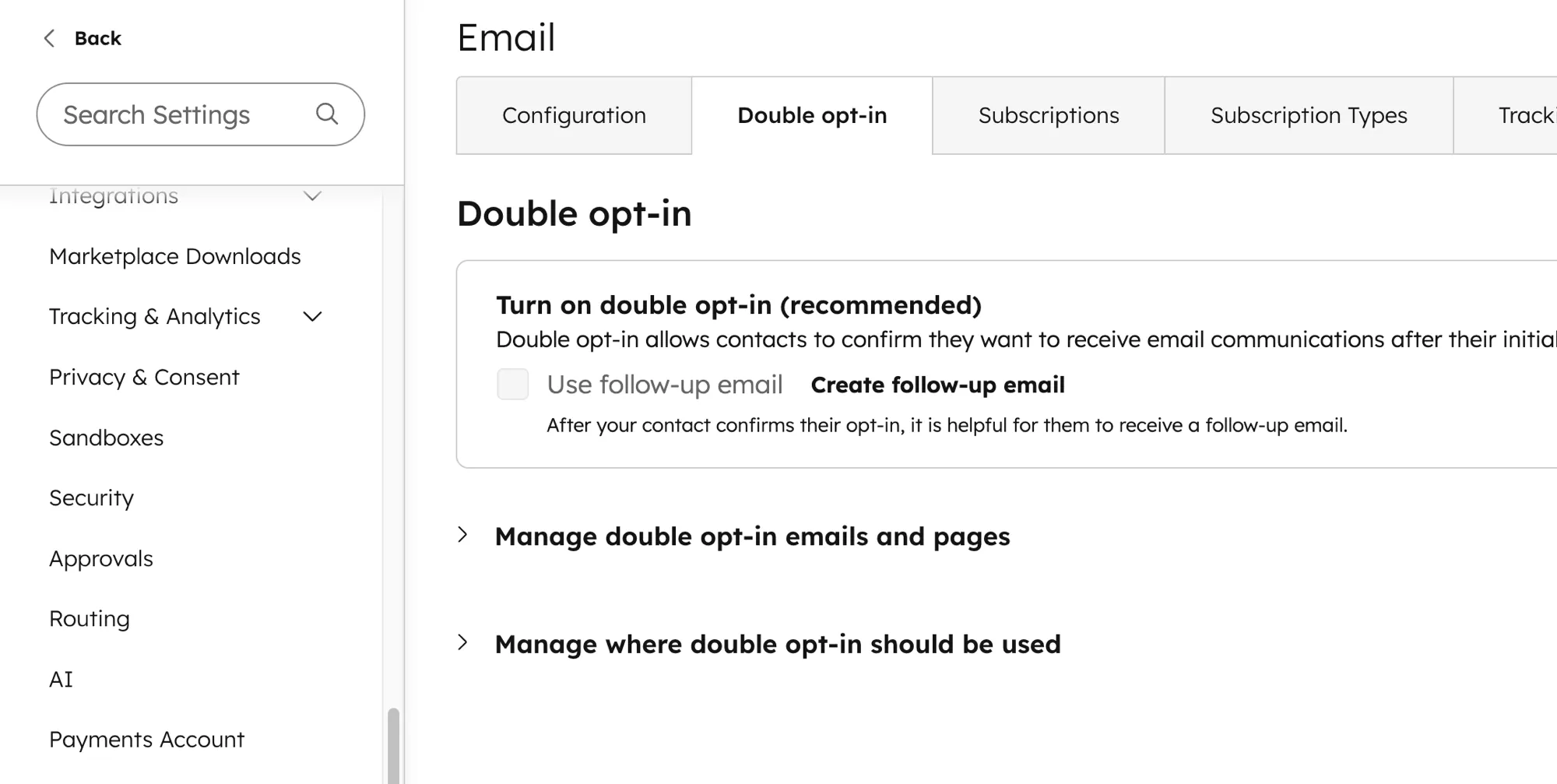 HubSpot Double Opt In Einstellungen mit Toggle zum Aktivieren und Optionen für Follow-up E-Mail