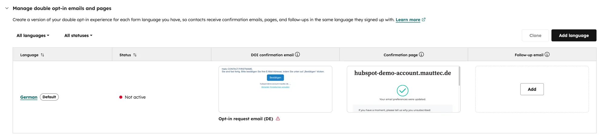 HubSpot Double Opt In E-Mails und Pages verwalten mit Sprache, DOI Confirmation Email, Confirmation Page und Follow-up Email