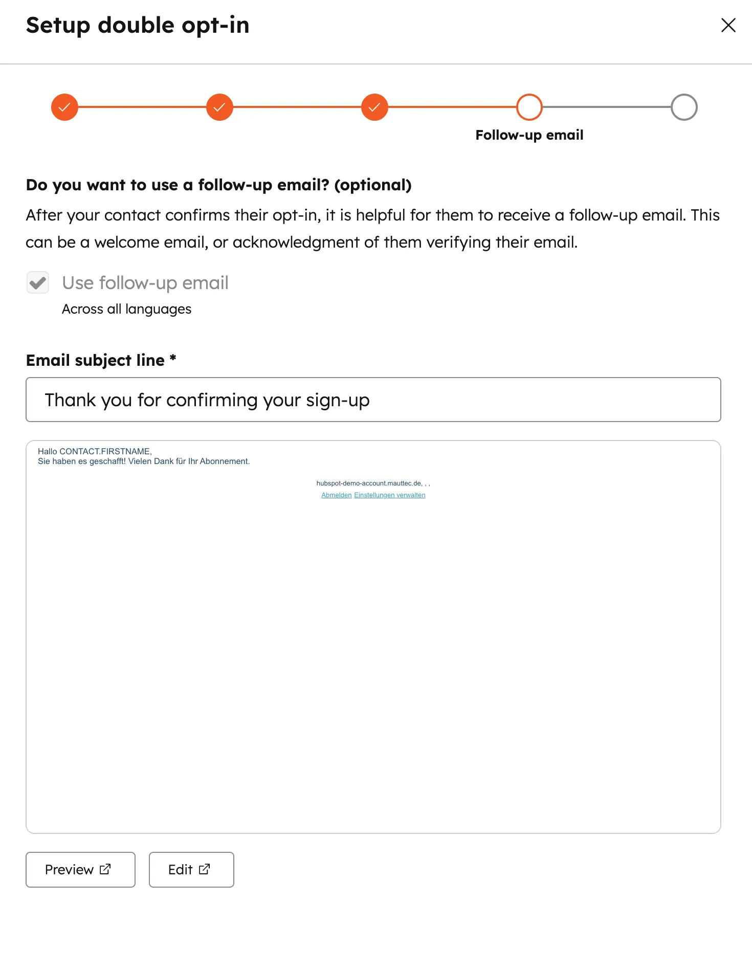 HubSpot Double Opt In Setup Dialog mit Follow-up E-Mail Konfiguration und Vorschau