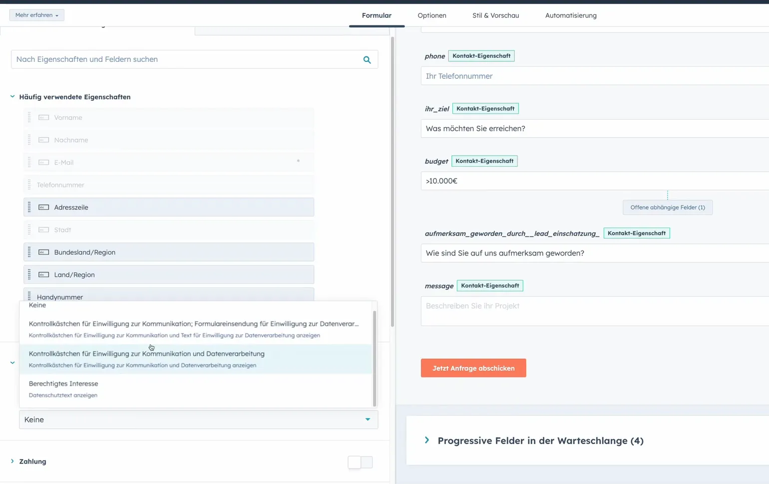 HubSpot Formulareditor mit geöffneter Auswahl der Datenschutzoptionen: zwei Varianten mit Kontrollkästchen und Berechtigtes Interesse mit Datenschutztext