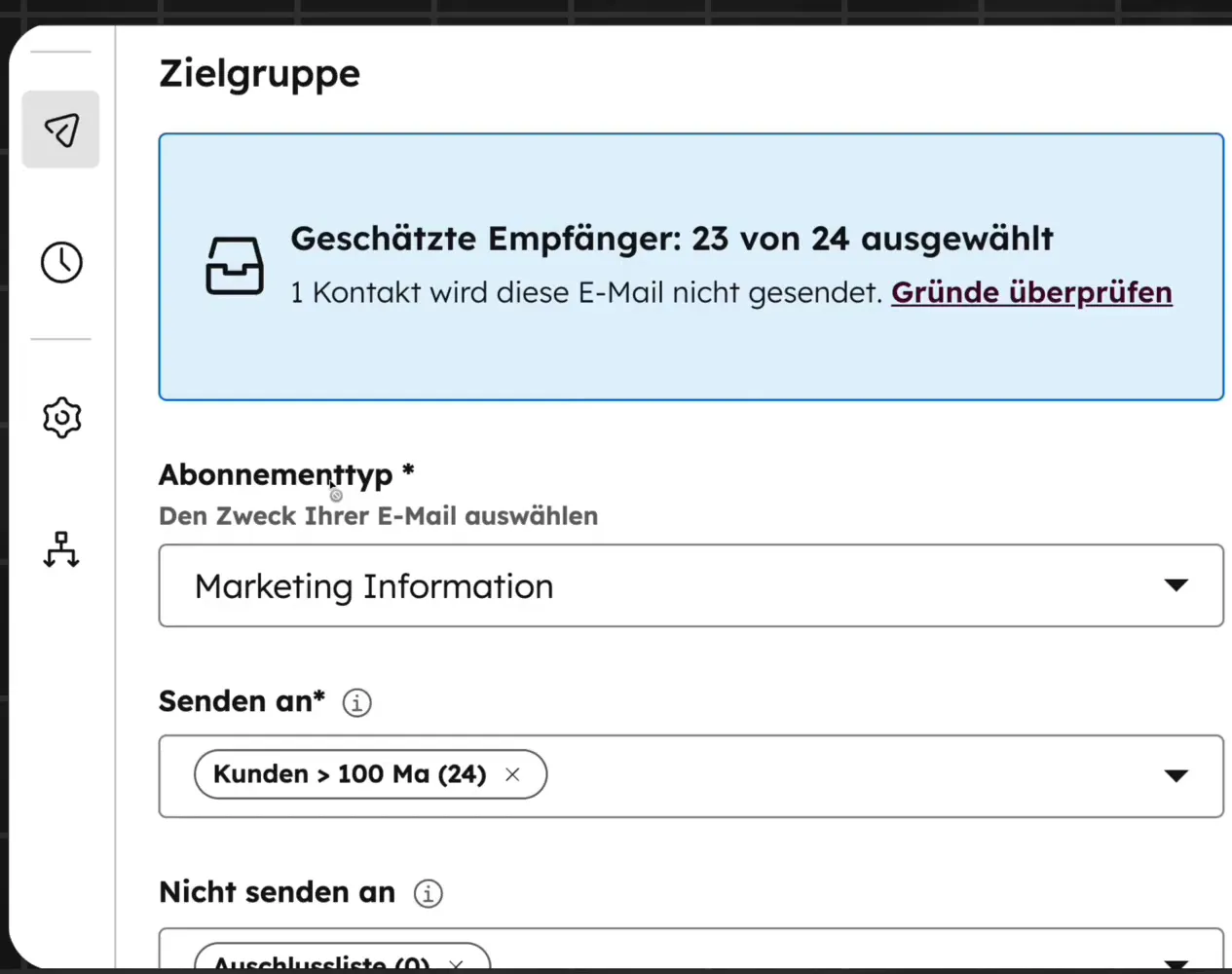 HubSpot E-Mail Versandeinstellungen: geschätzte Empfänger 23 von 24 ausgewählt, Abonnementtyp Marketing Information, Senden an Kunden über 100 MA, Nicht senden an Ausschlussliste