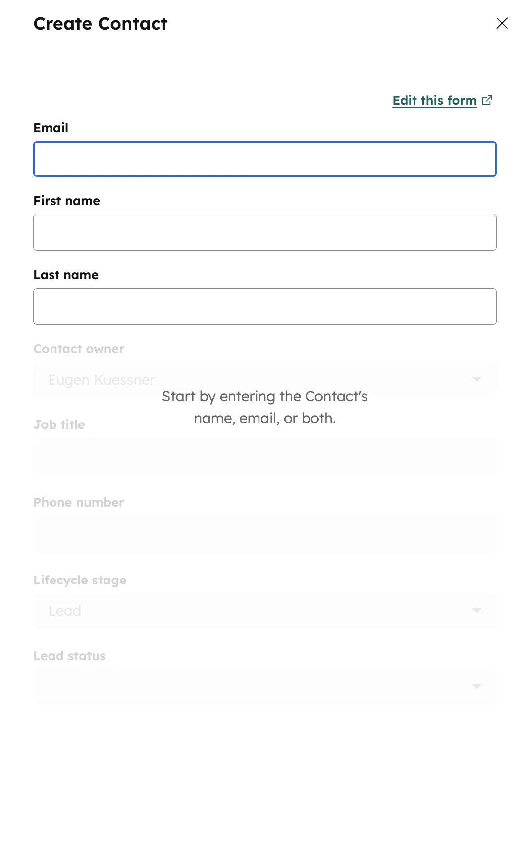 HubSpot Create Contact Formular mit Vorname, Nachname, E-Mail, Jobtitel