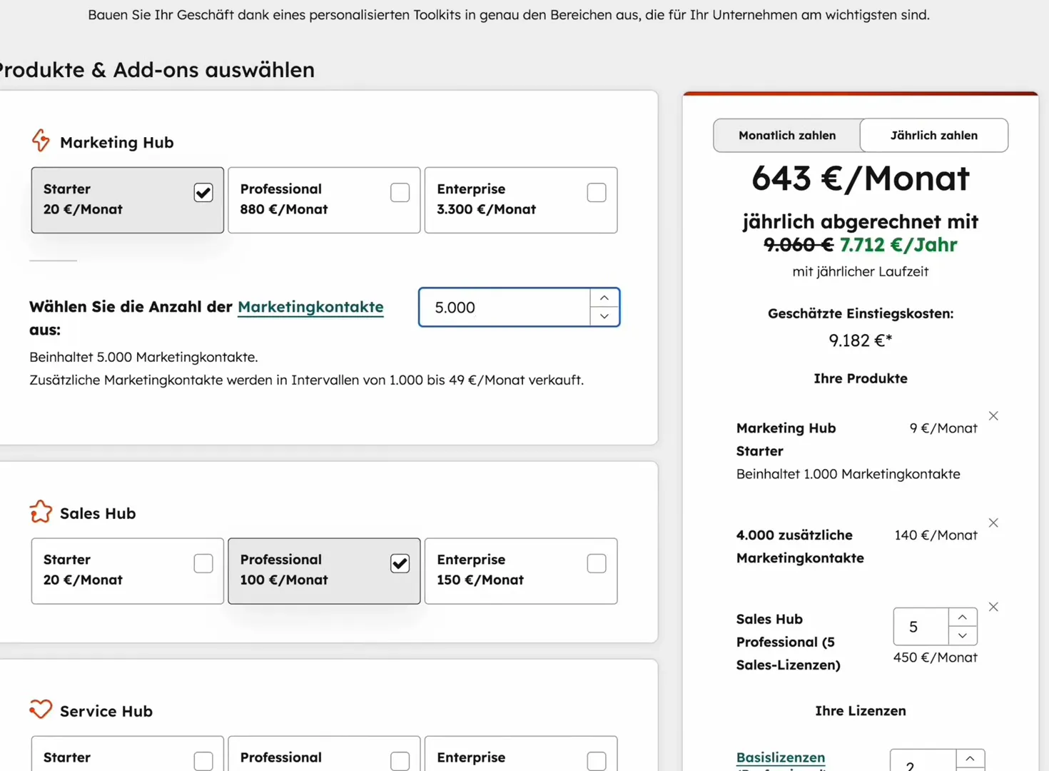 HubSpot Bundle-Rechner mit Marketing Hub Starter, 5.000 Marketingkontakten und Sales Hub Professional mit 5 Sales-Lizenzen, rechts die Monatssumme und geschätzte Einstiegskosten