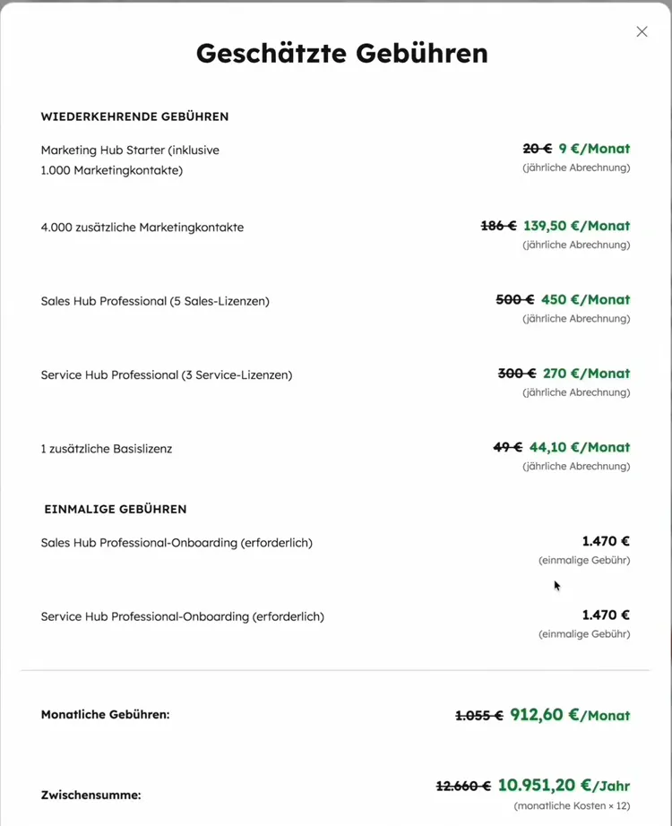 HubSpot Übersicht Geschätzte Gebühren mit wiederkehrenden Lizenzkosten und je 1.470 € Pflicht-Onboarding für Sales Hub Professional und Service Hub Professional