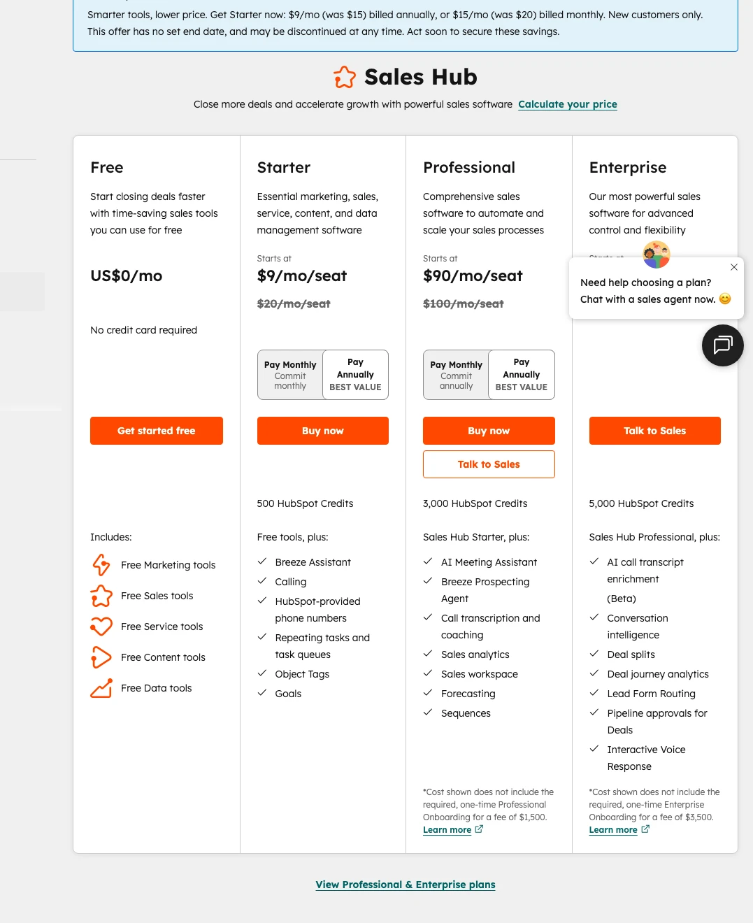 HubSpot Sales Hub Preise 2026 — Free, Starter, Professional, Enterprise im Vergleich