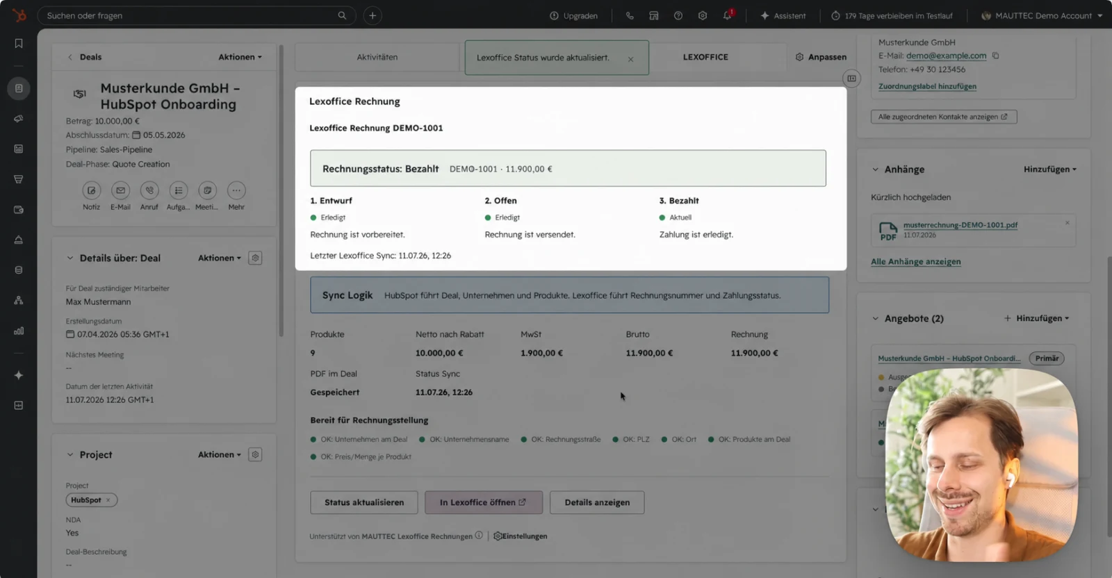 HubSpot Lexoffice Karte mit Rechnungsstatus Bezahlt und angehängtem Rechnungsdokument