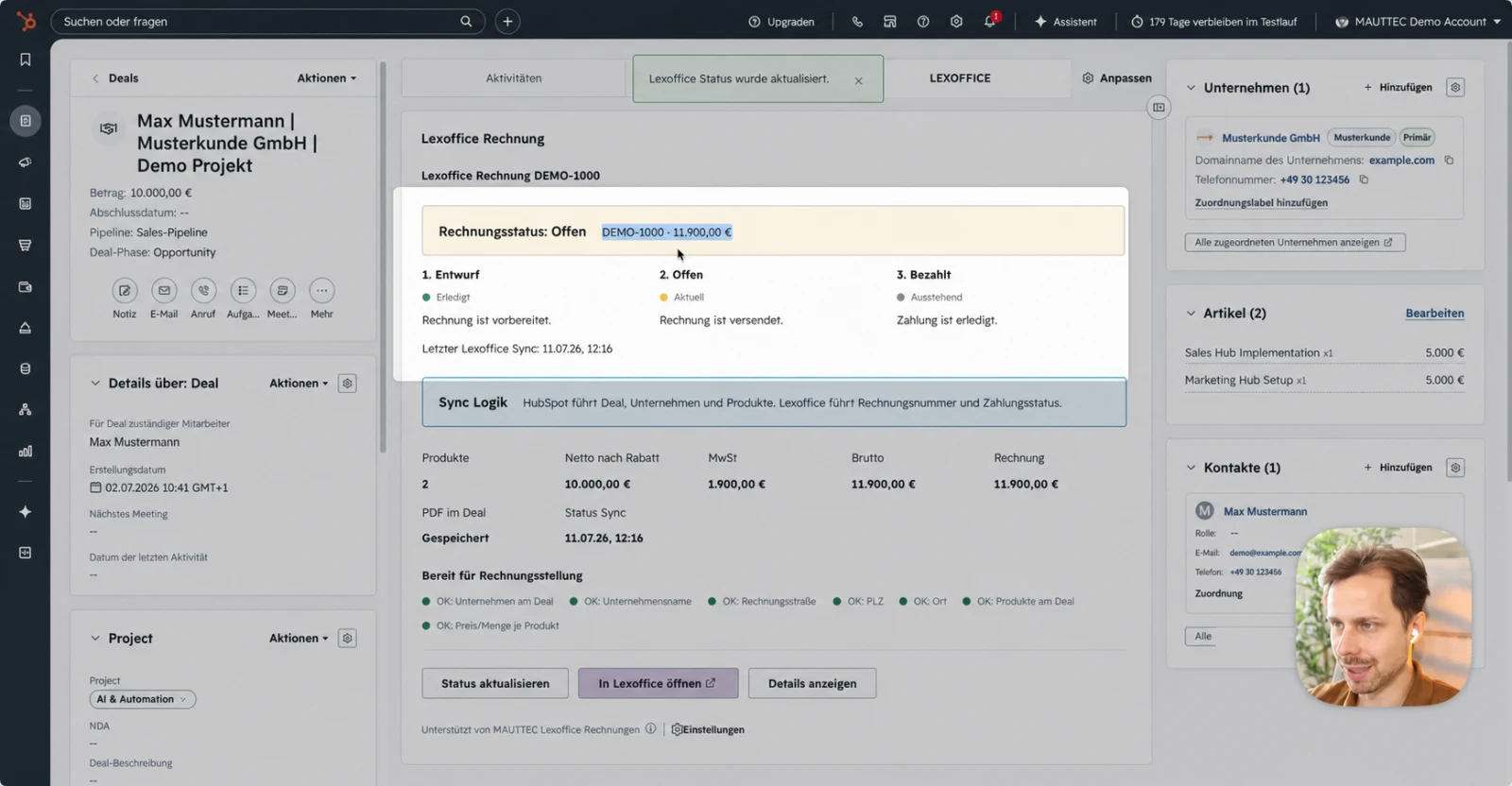HubSpot Lexoffice Karte mit Rechnungsstatus Offen, Demo Rechnungsnummer und Demo Betrag
