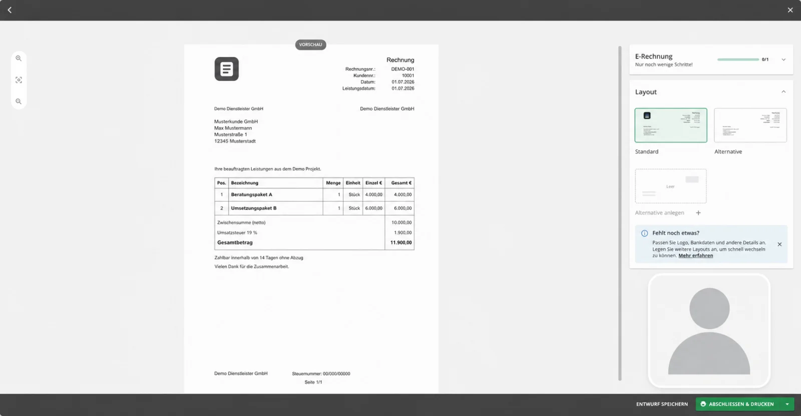 Lexware Office Vorschau eines Rechnungsentwurfs mit zwei Positionen