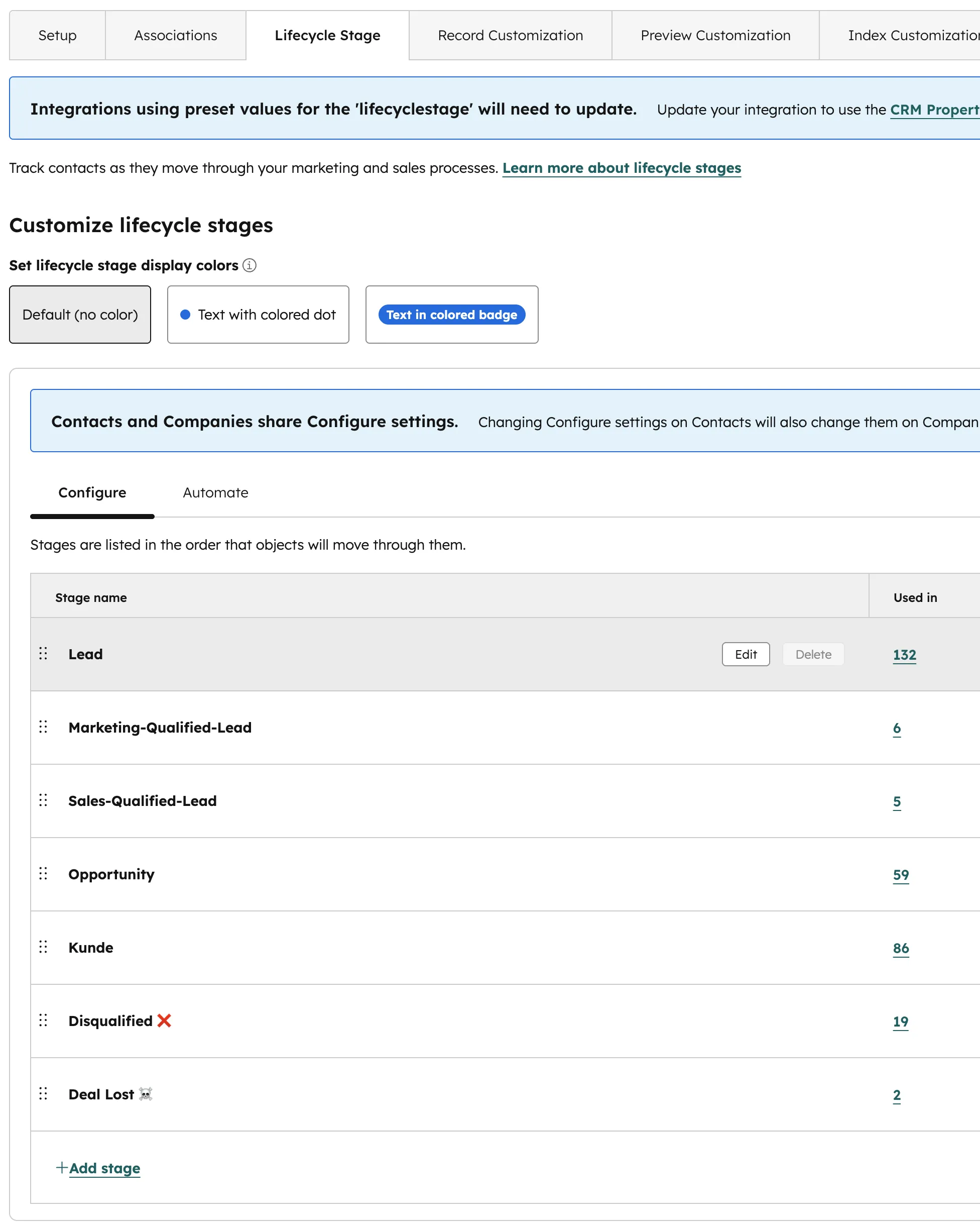 HubSpot Lifecycle Stage Einstellungen mit allen Phasen von Subscriber bis Kunde