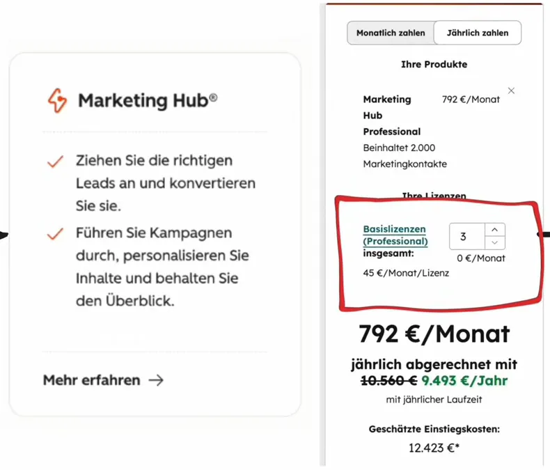 HubSpot Preisrechner mit Marketing Hub Professional für 792 € pro Monat bei jährlicher Zahlung, 2.000 Marketingkontakten und 3 enthaltenen Basislizenzen zu 0 € pro Monat