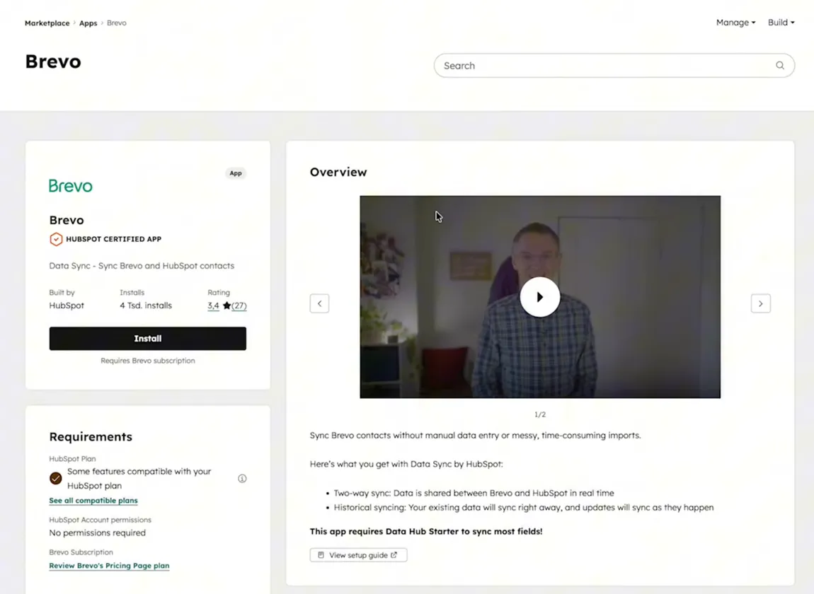 Brevo App im HubSpot Marketplace mit Install-Button und Beschreibung der Kontakt-Synchronisation